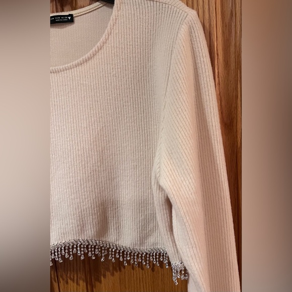 ZARA Long Sleeve Ribbed Crop Top Rhinestone Fringe in Oyster White Size Medium - Picture 15 of 16